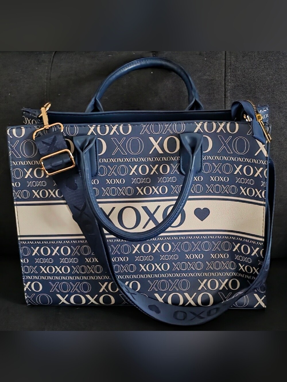 XOXO Navy and Cream Signature Tote with Heart Accent